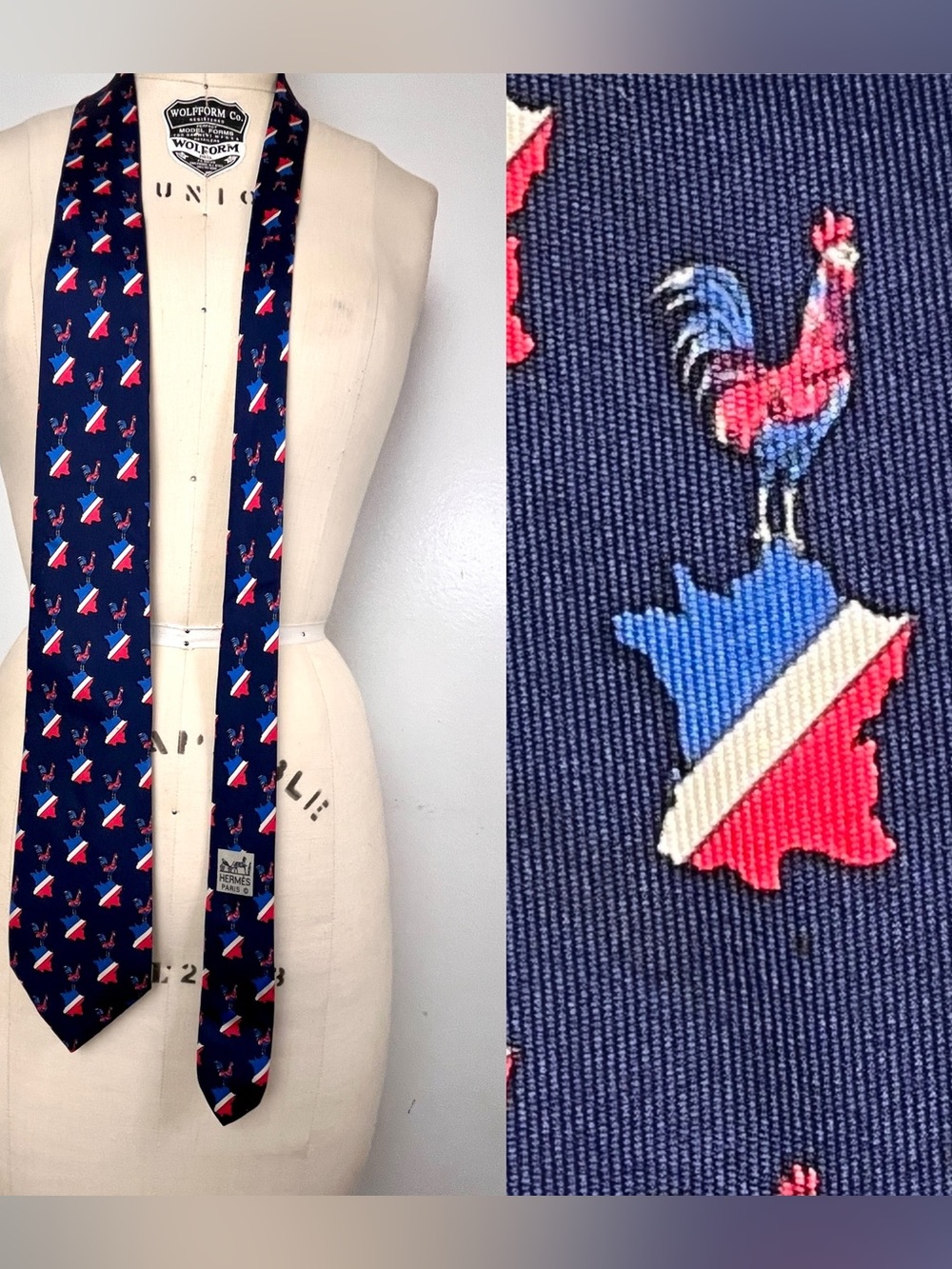 Hermes Navy Tie with Red, White & Blue Rooster and France Motif